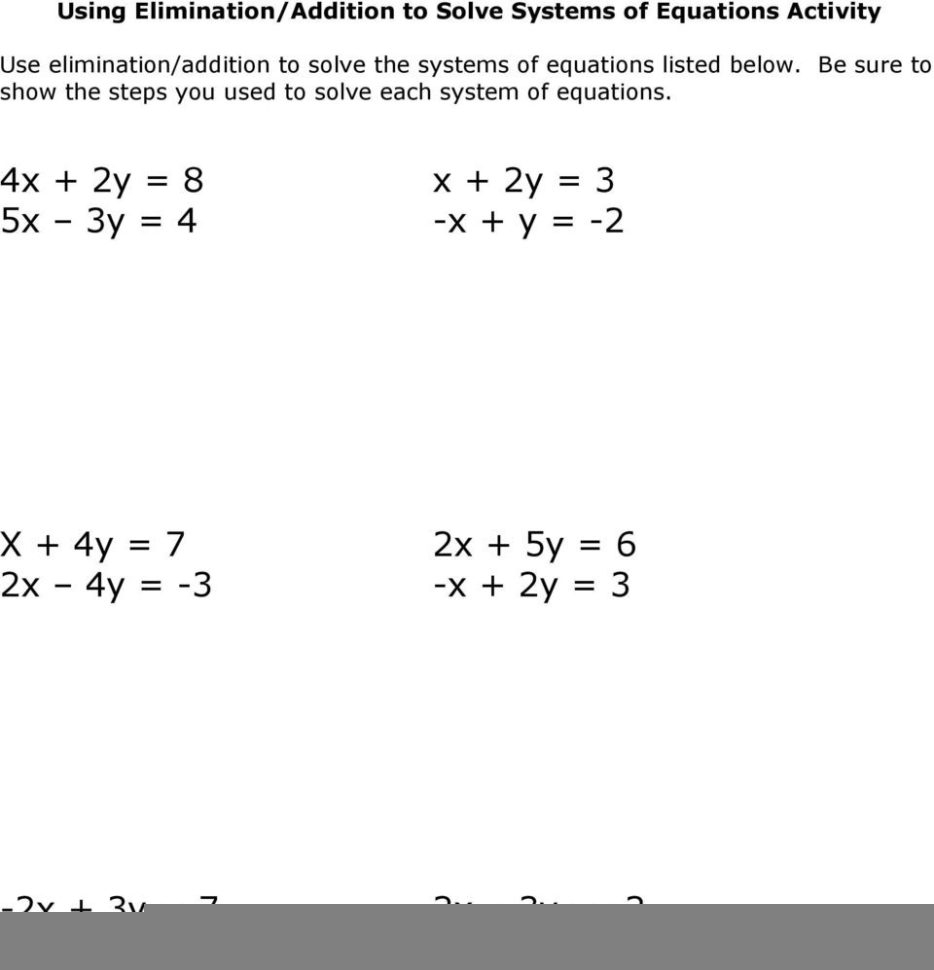 solving systems of equations elimination worksheet