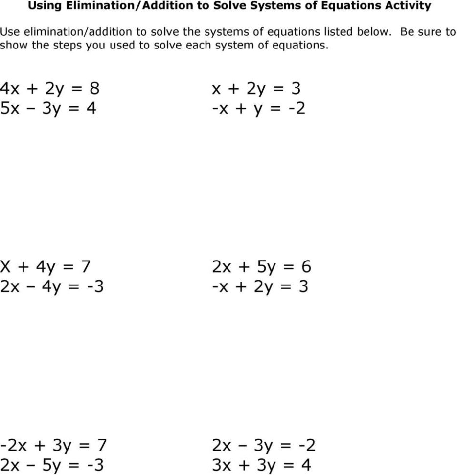 solving systems of equations using elimination worksheet