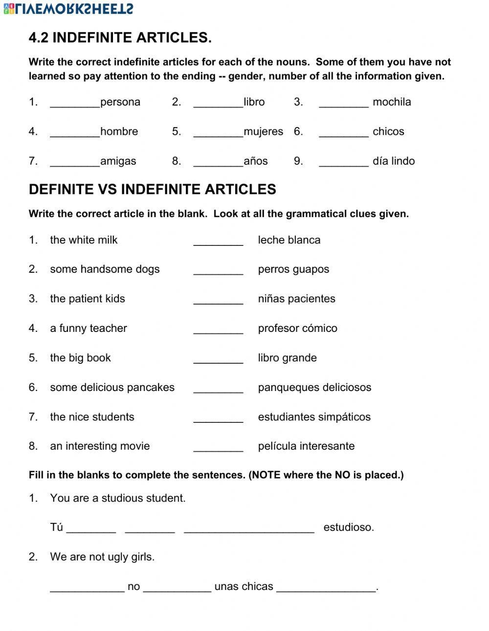 Spanish 1 Worksheets Definite And Indefinite Articles In Spanish 