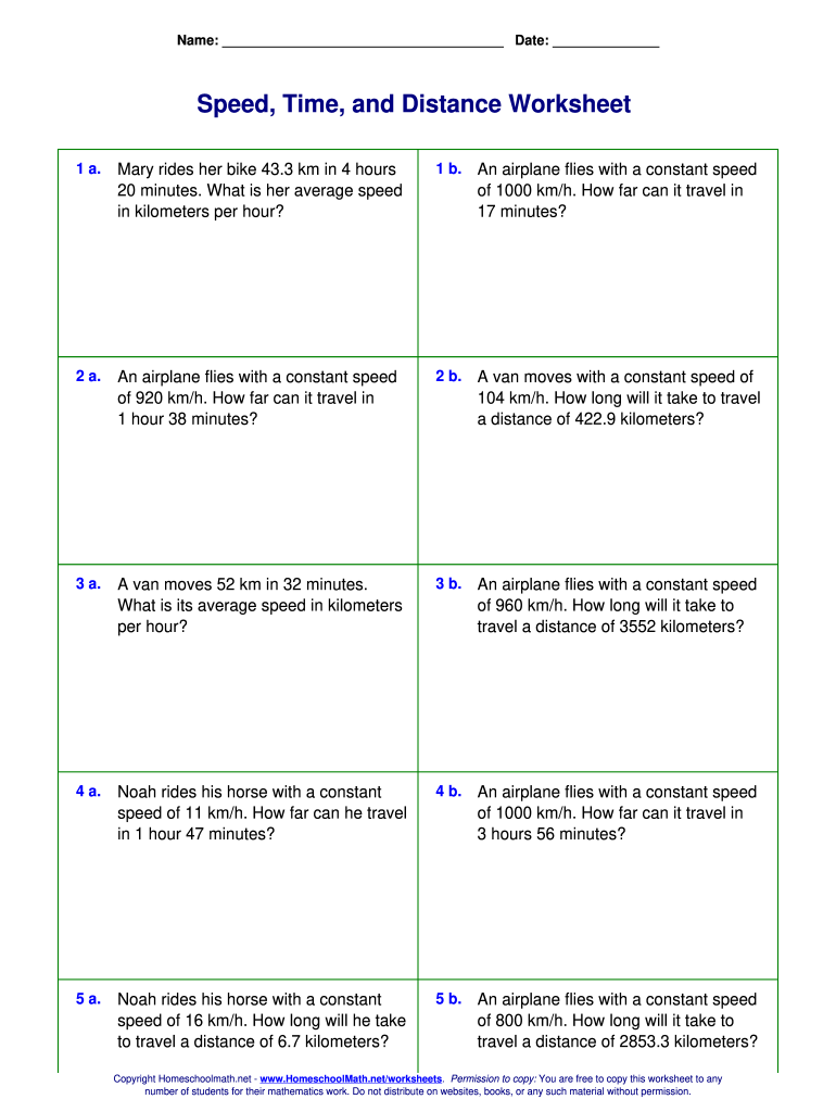 Speed Time And Distance Worksheet Fill Online Printable