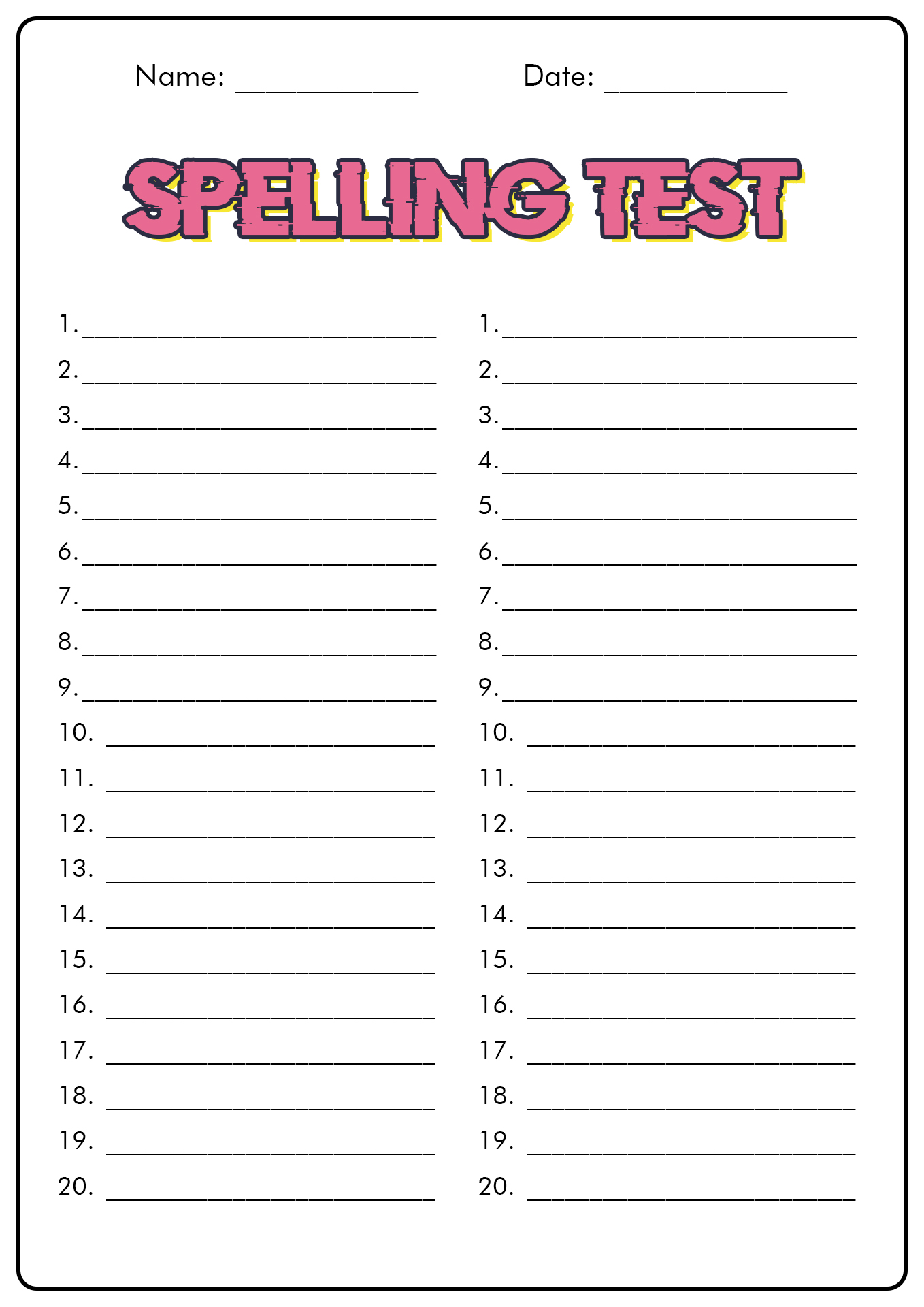 Spelling Test Sheet Printable Printable Forms Free Online
