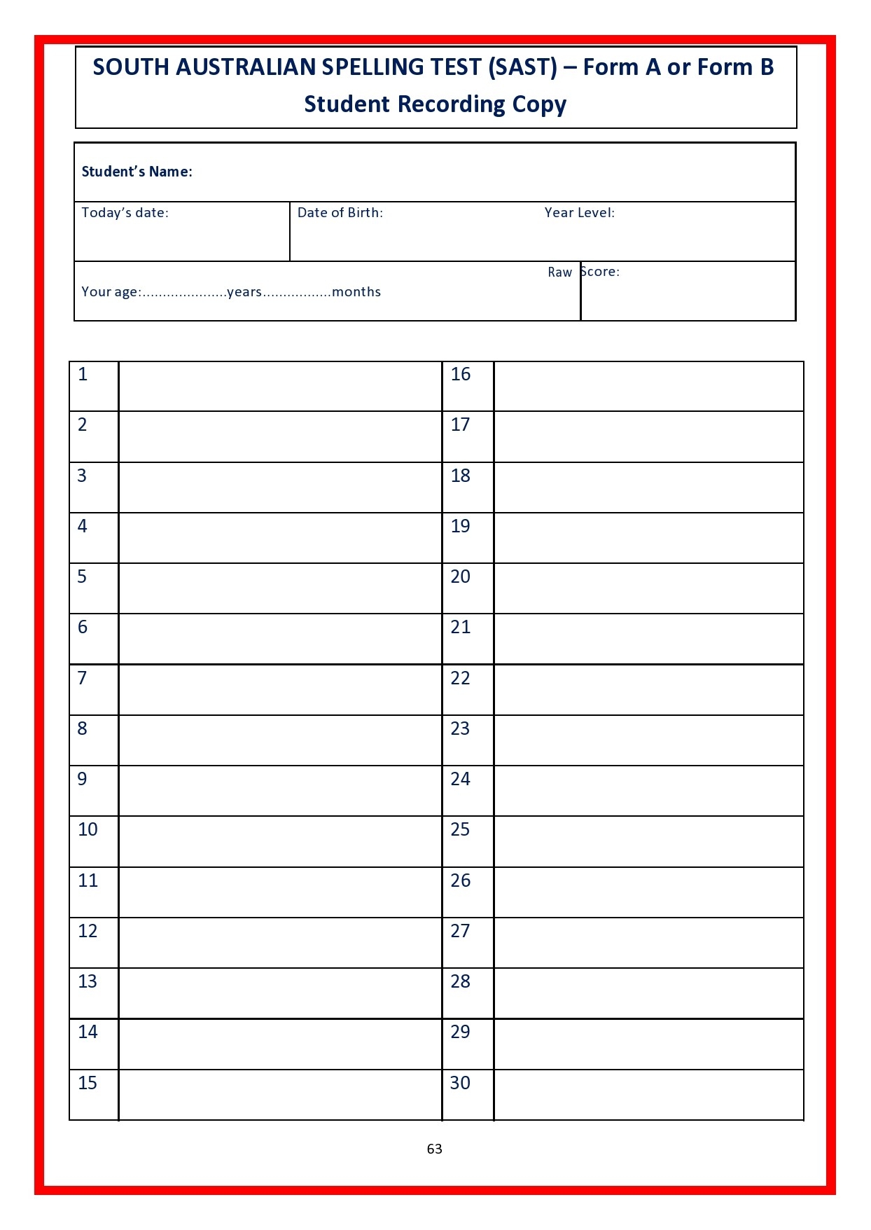 free printable spelling test template