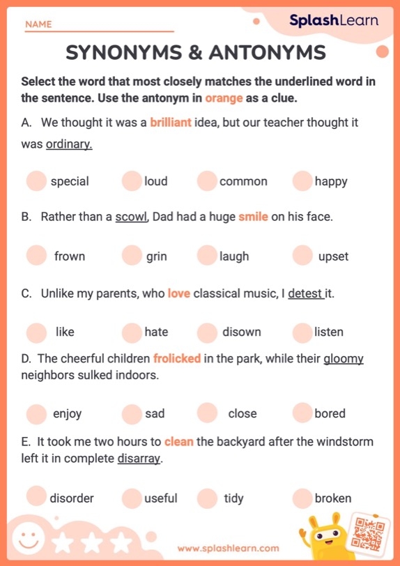 Spotting Synonyms Antonyms ELA Worksheets SplashLearn 