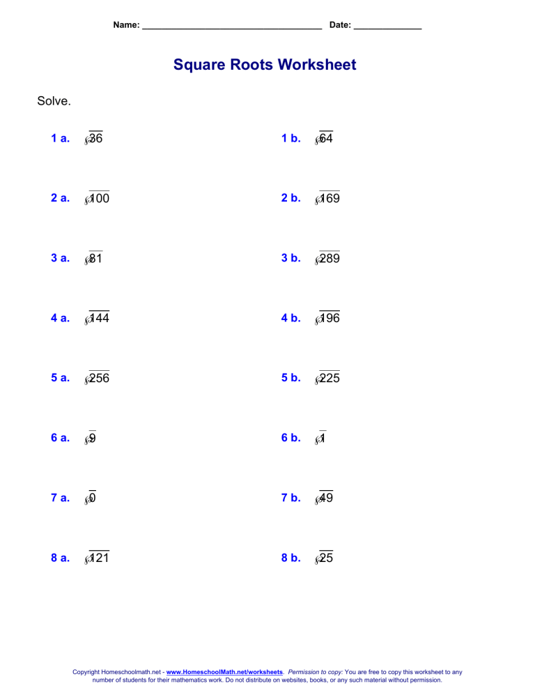 Square Roots Perfect Squares Worksheet