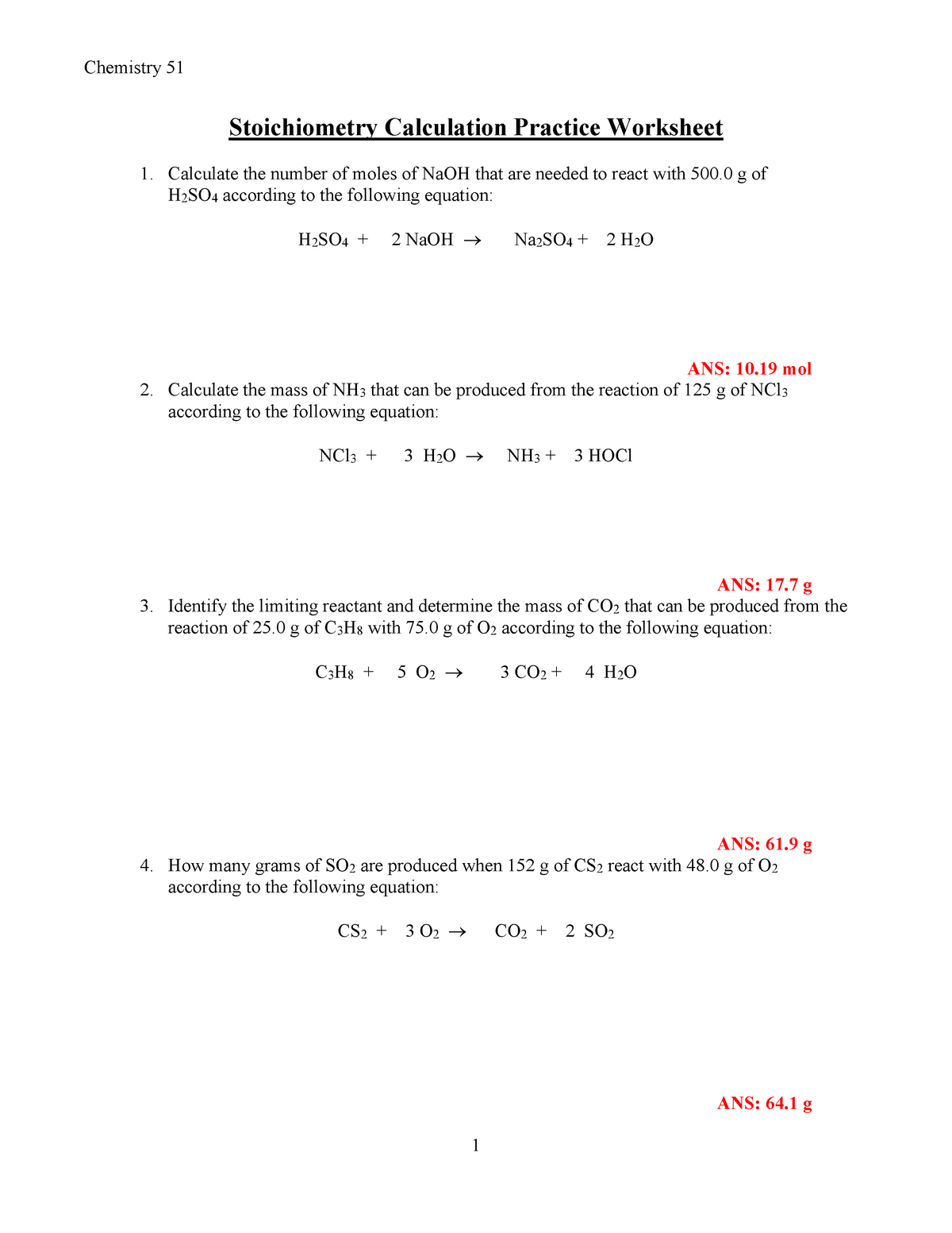 Stoichiometry Worksheet Chemistry 51 1 Stoichiometry Calculation 