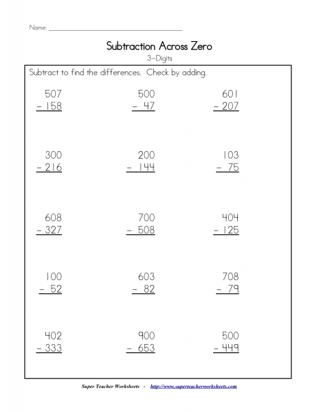 Subtraction With Zeros Regrouping Worksheets Worksheets Master