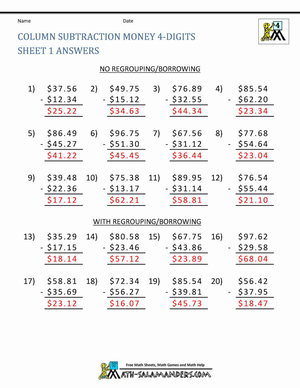 Subtraction Worksheets For Grade 4 Boxfirepress