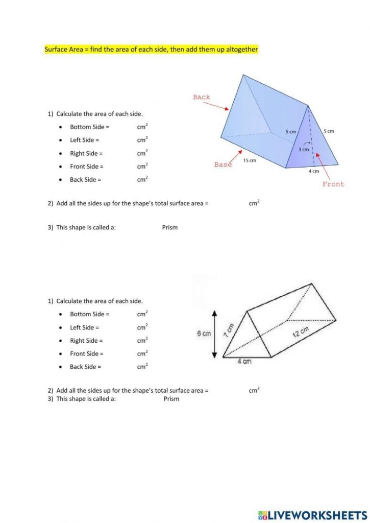 Surface Area Of Triangular And Pentagonal Prism Worksheet Live