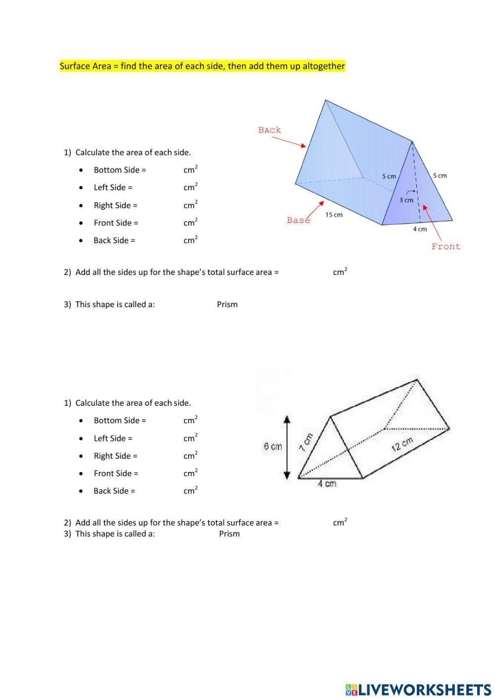 Surface Area Of Triangular And Pentagonal Prism Worksheet Live 