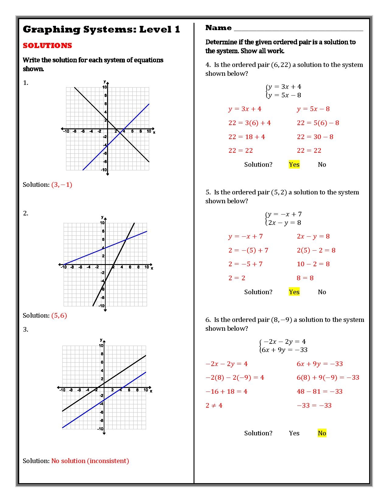 Systems Of Equations Graphing Worksheet Ocean my Worksheets Library