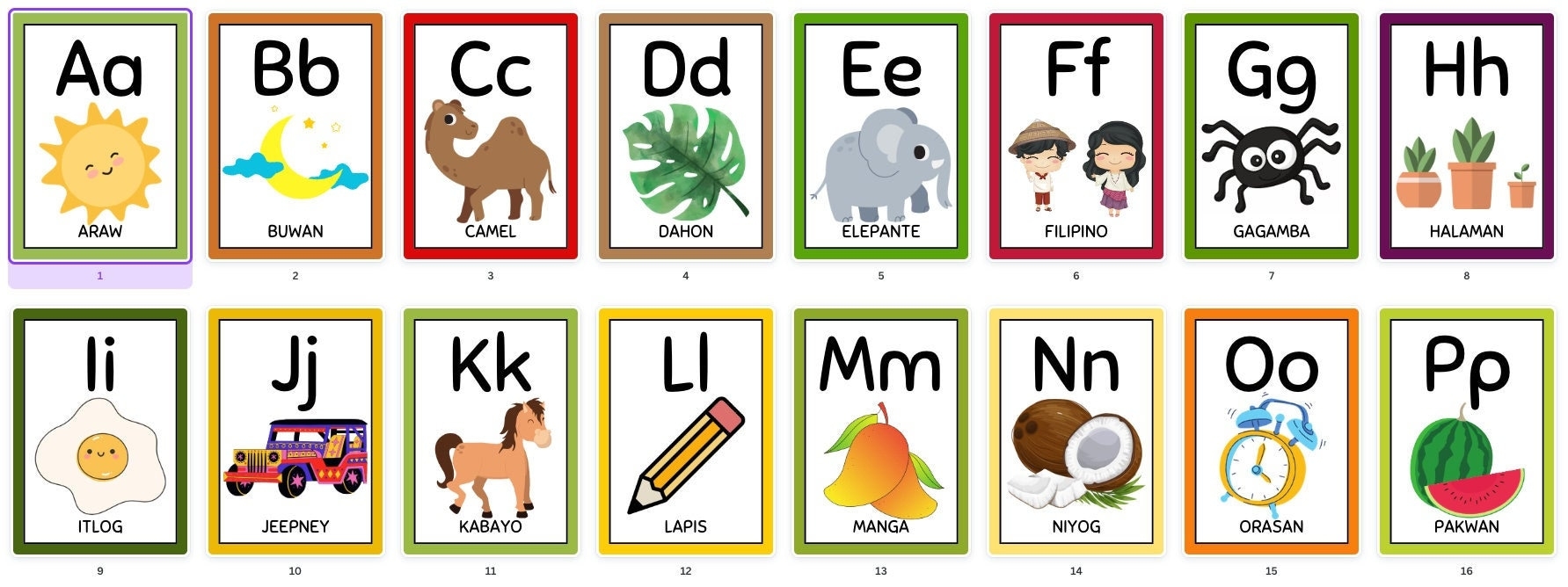 Tagalog ABC Kids Alphabet Flashcards Printable Filipino 