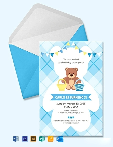 Teddy Bear Picnic Birthday Invitation Template Illustrator Word 