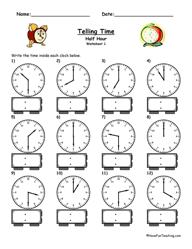 Telling Time Half Hour Worksheets Telling Time Worksheets