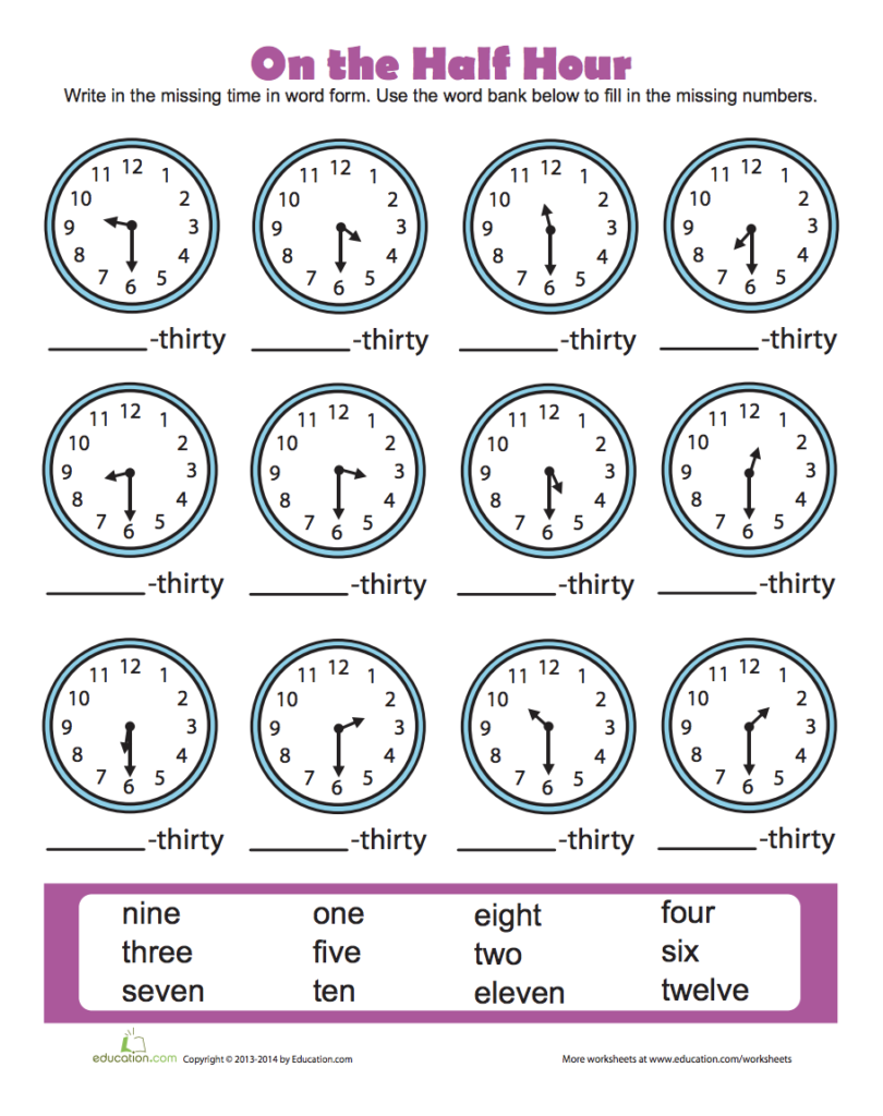 Telling Time Half Hour Worksheets Telling Time Worksheets