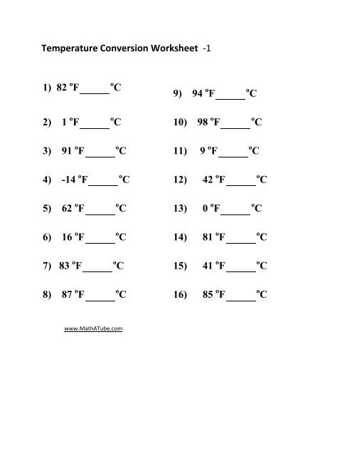 Temperature Conversion Worksheet 1 1 82 F C 9 Math A Tube 
