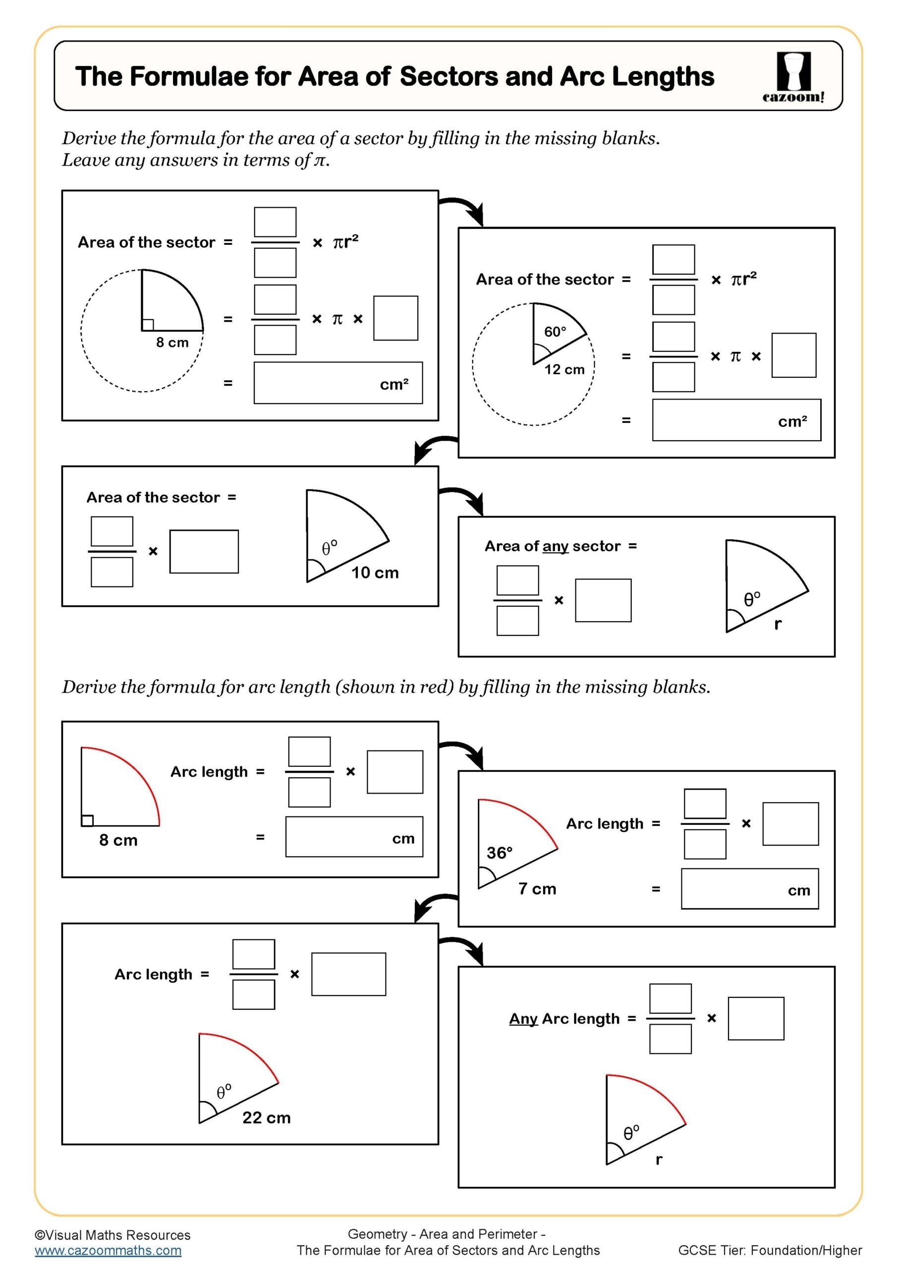 The Formulae For Area Of Sectors And Arc Lengths Worksheet 