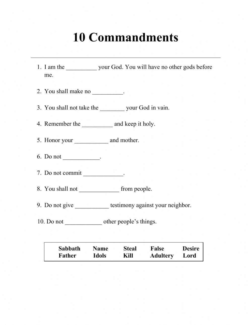ten commandments worksheet