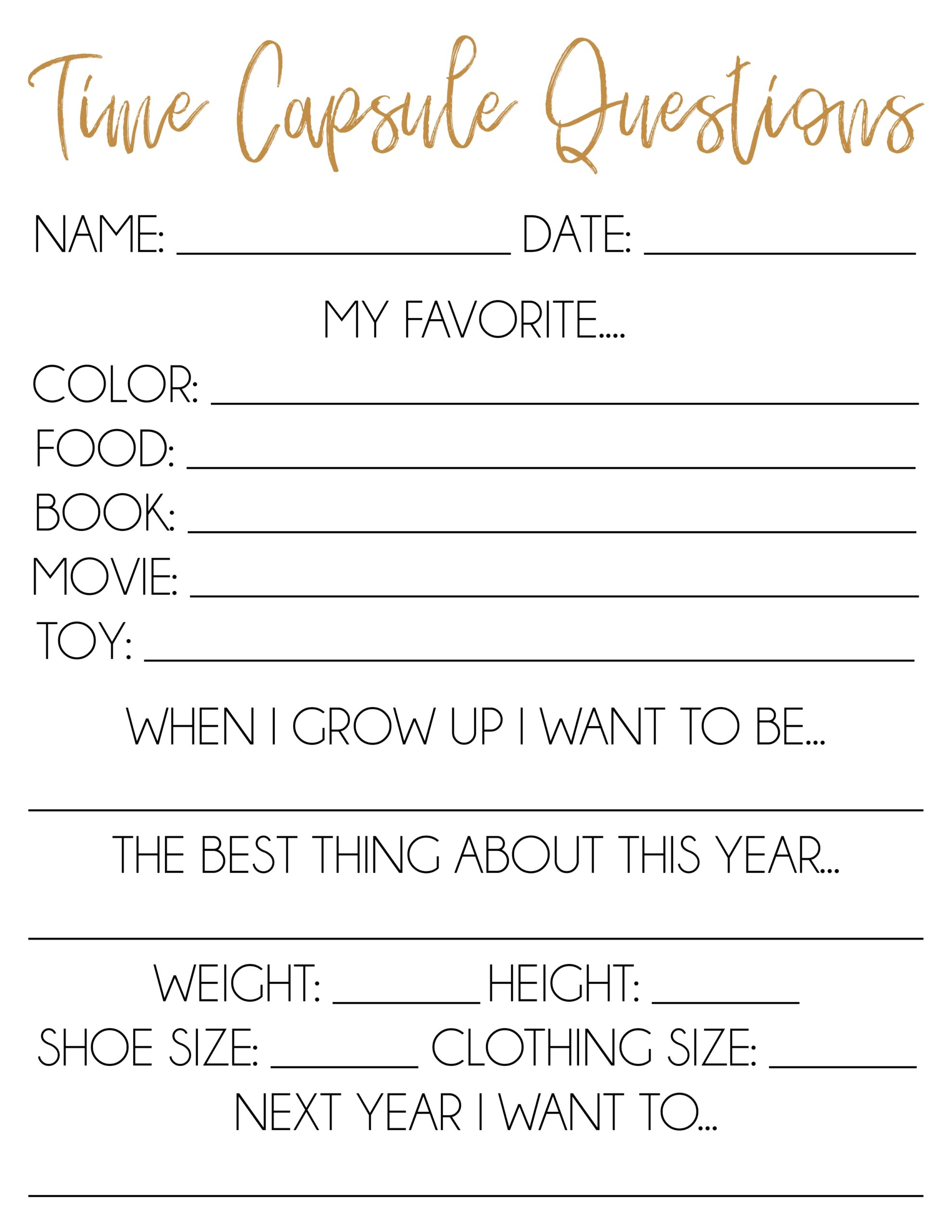 Time Capsule Questions Free Printable Sarah Halstead