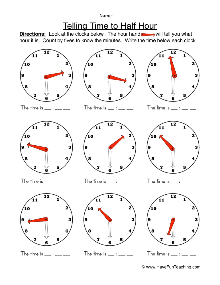 time to the half hour worksheet
