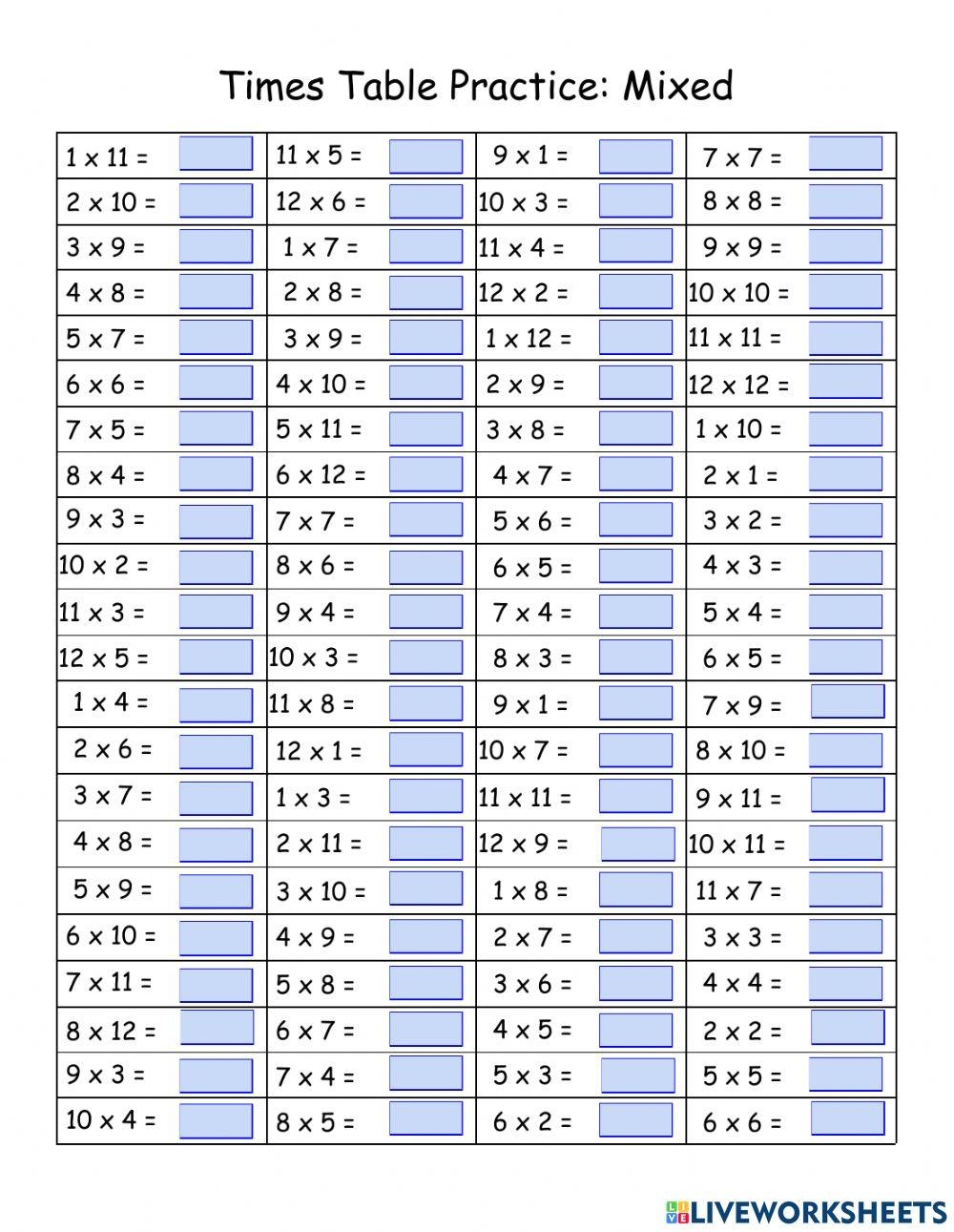 multiplication table 1 12 worksheet