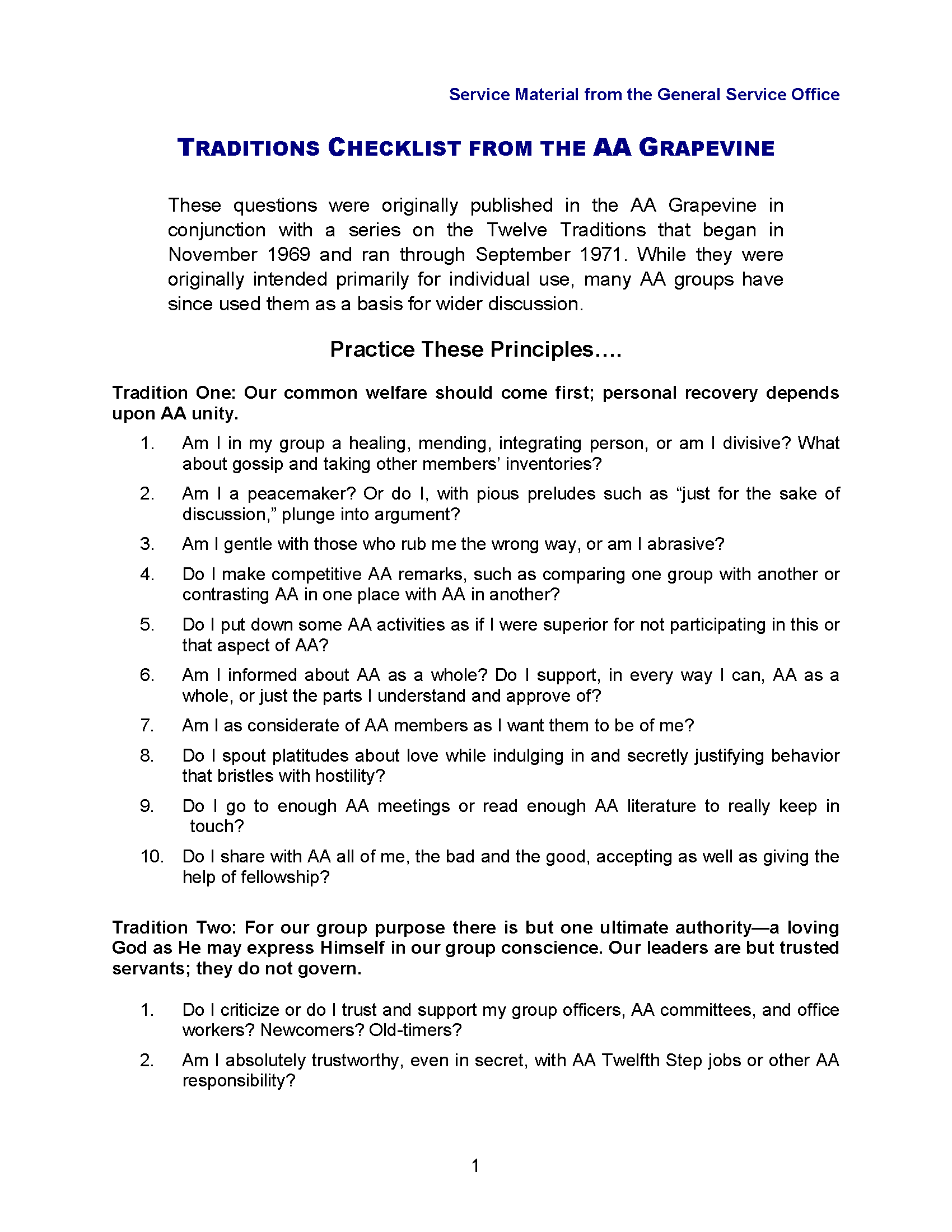 Traditions Checklist From The A A Grapevine Alcoholics Anonymous 