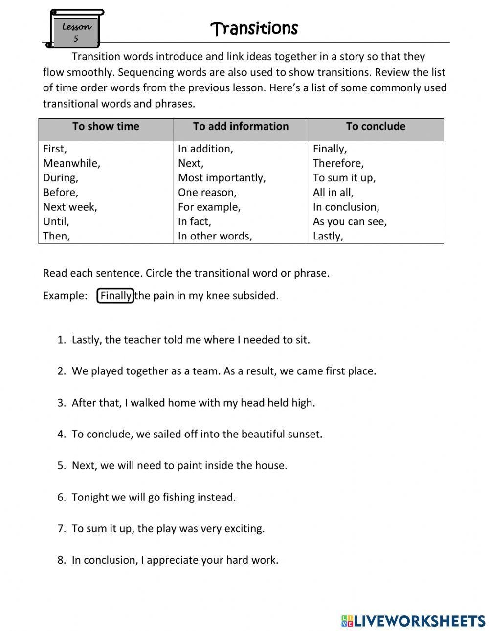 transition words worksheet