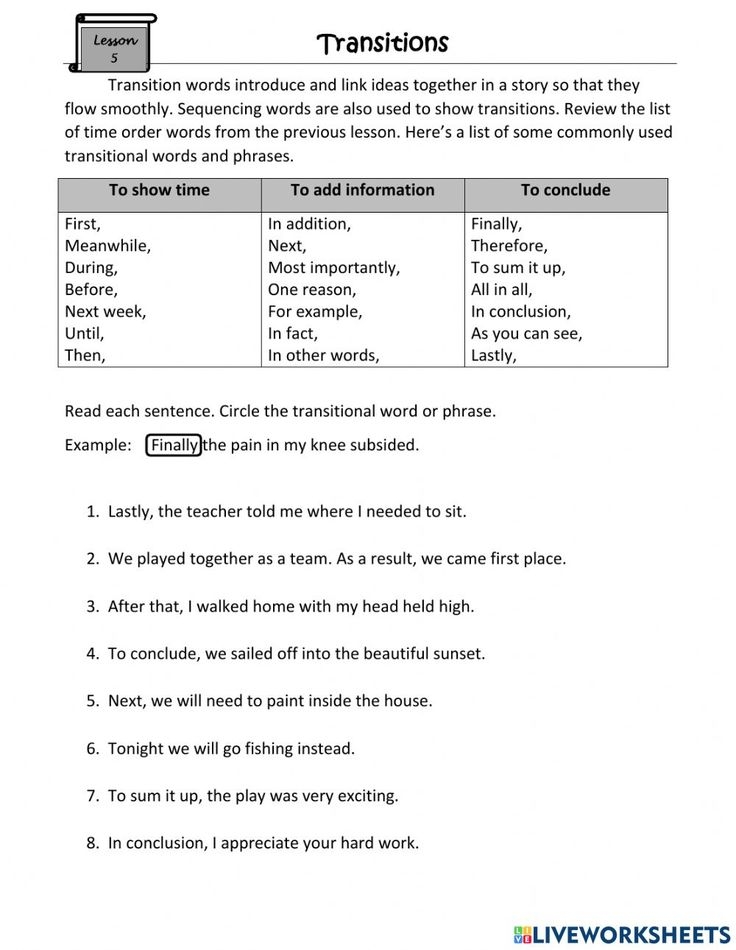 Transitional Phrases Worksheet Transitional Phrases Time Order 