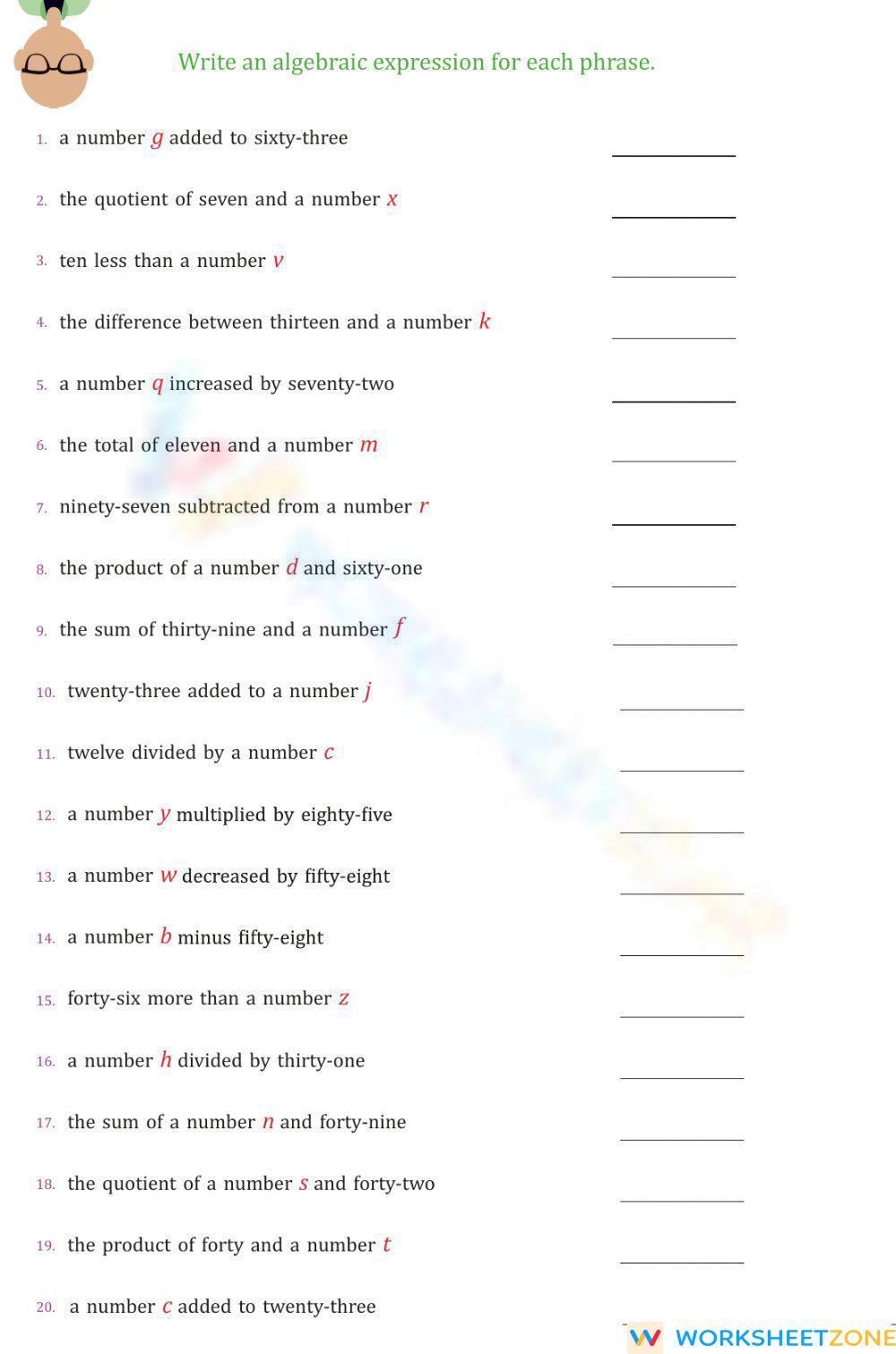 Translating Algebraic Phrases Worksheet Worksheets Library