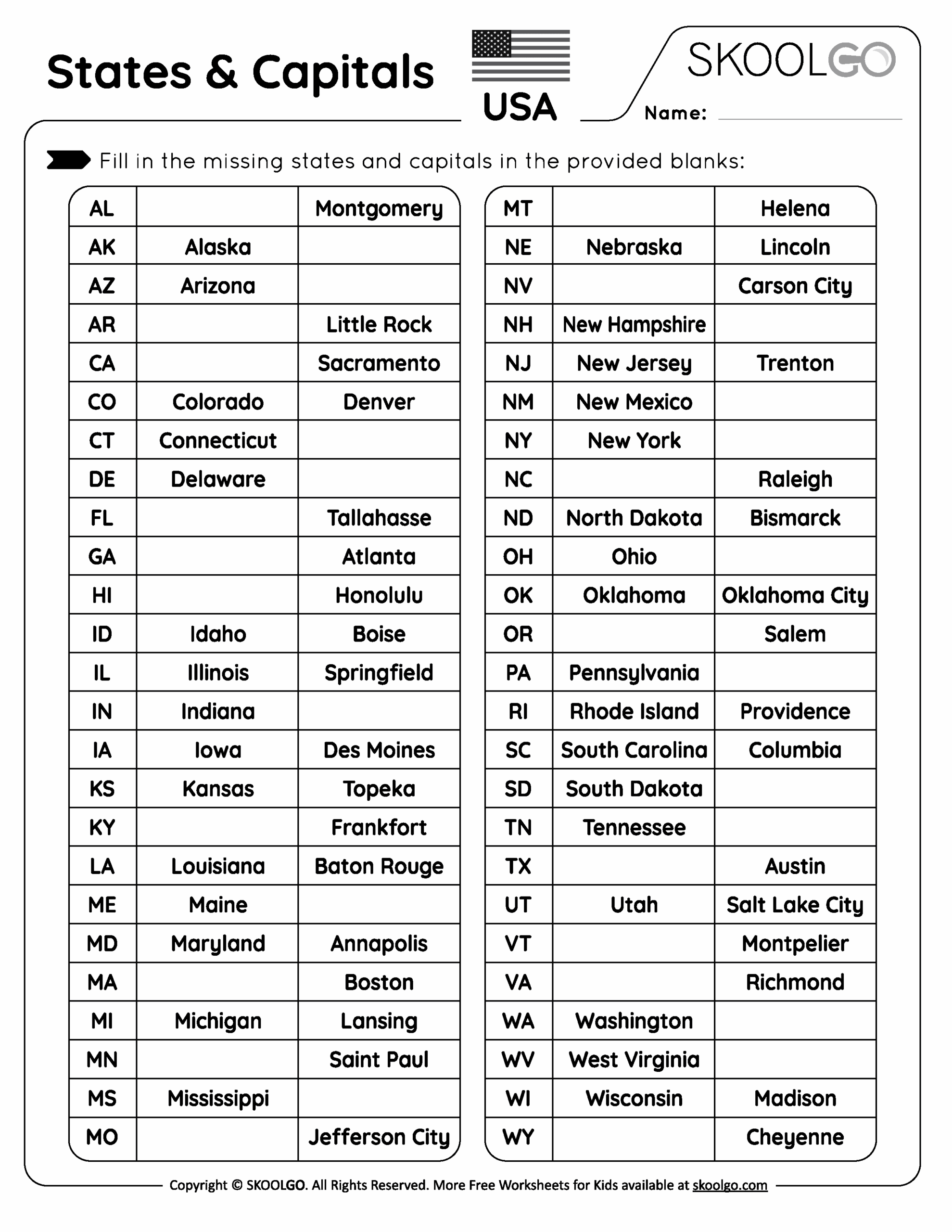 U S State Capitals Worksheets Worksheets Library