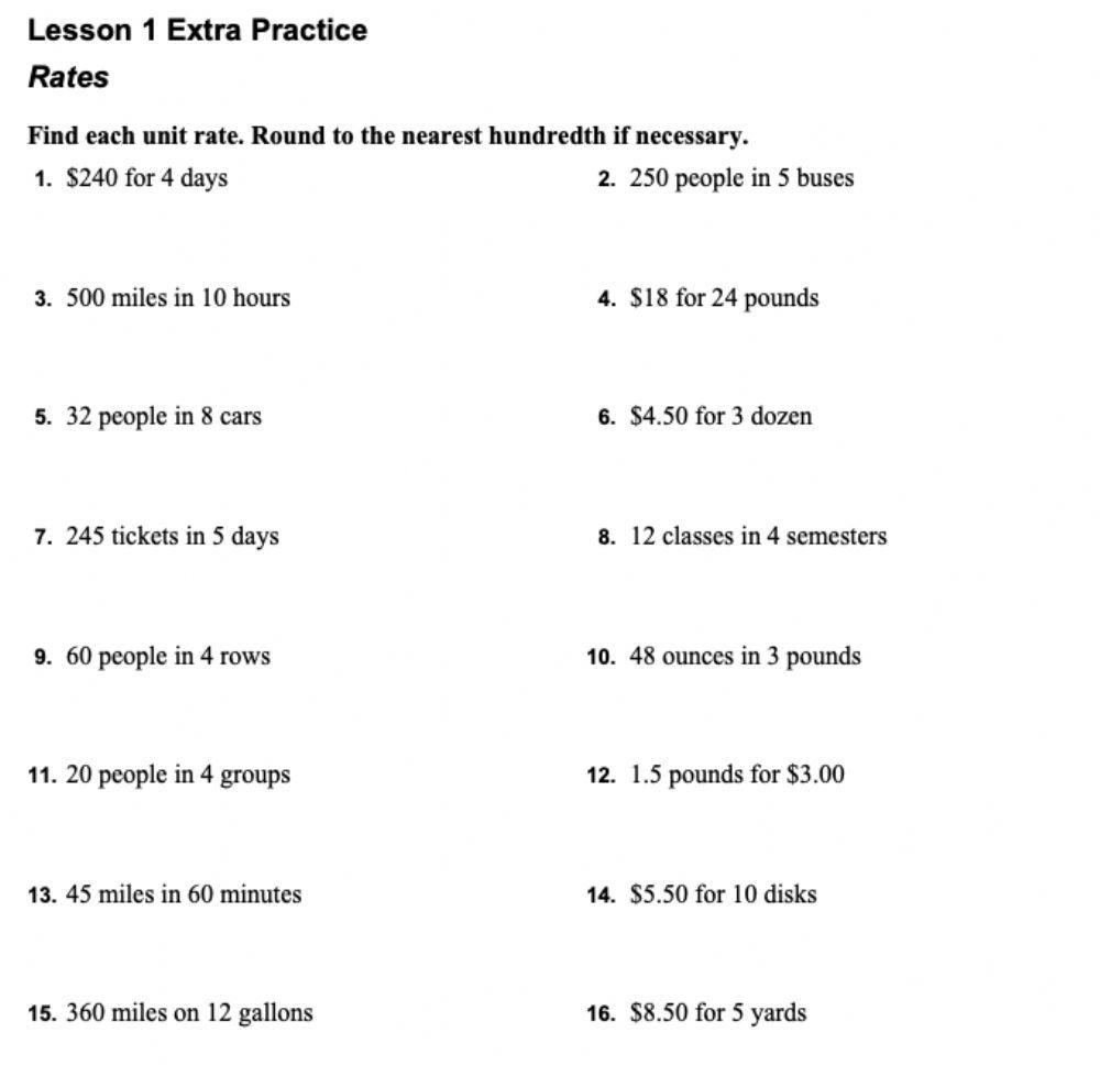 unit rate math worksheets