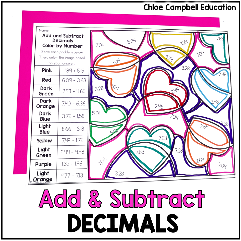 Valentines Day Adding Subtracting Decimals 5th Grade Math 