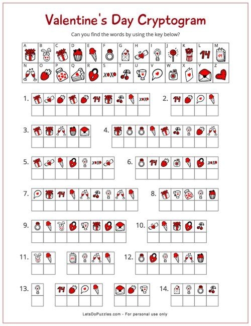 Valentines Day Cryptogram Printable Puzzles For Kids