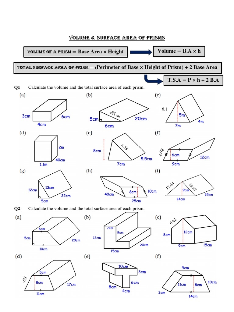 Volume Surface Area Of Prisms PDF Volume Area Worksheets Library