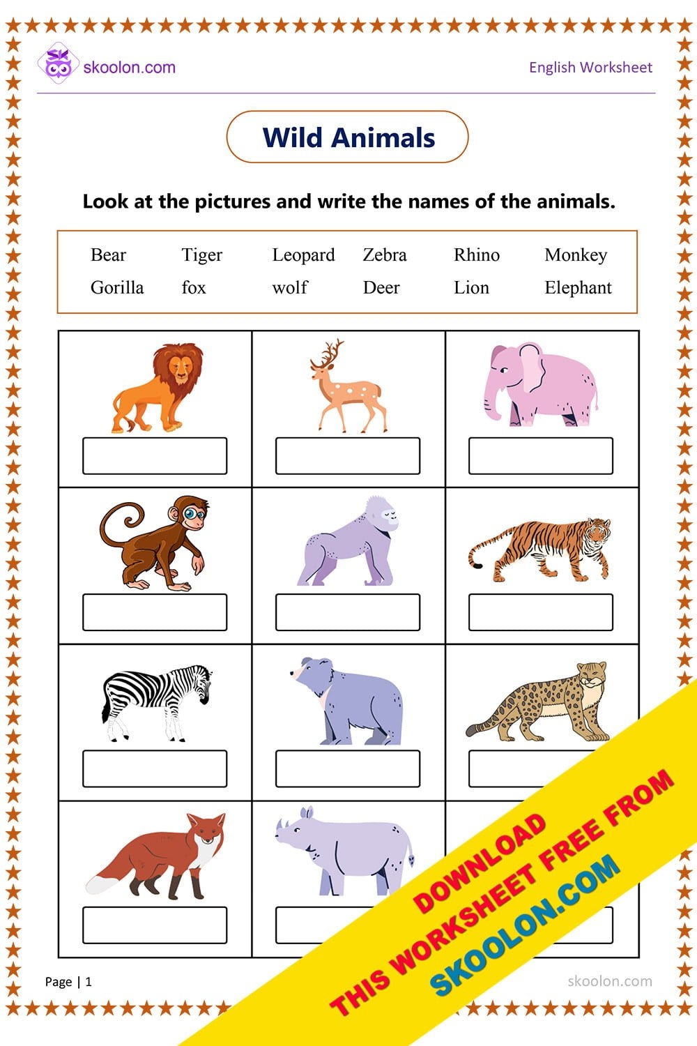 Wild Animals Worksheet Skoolon