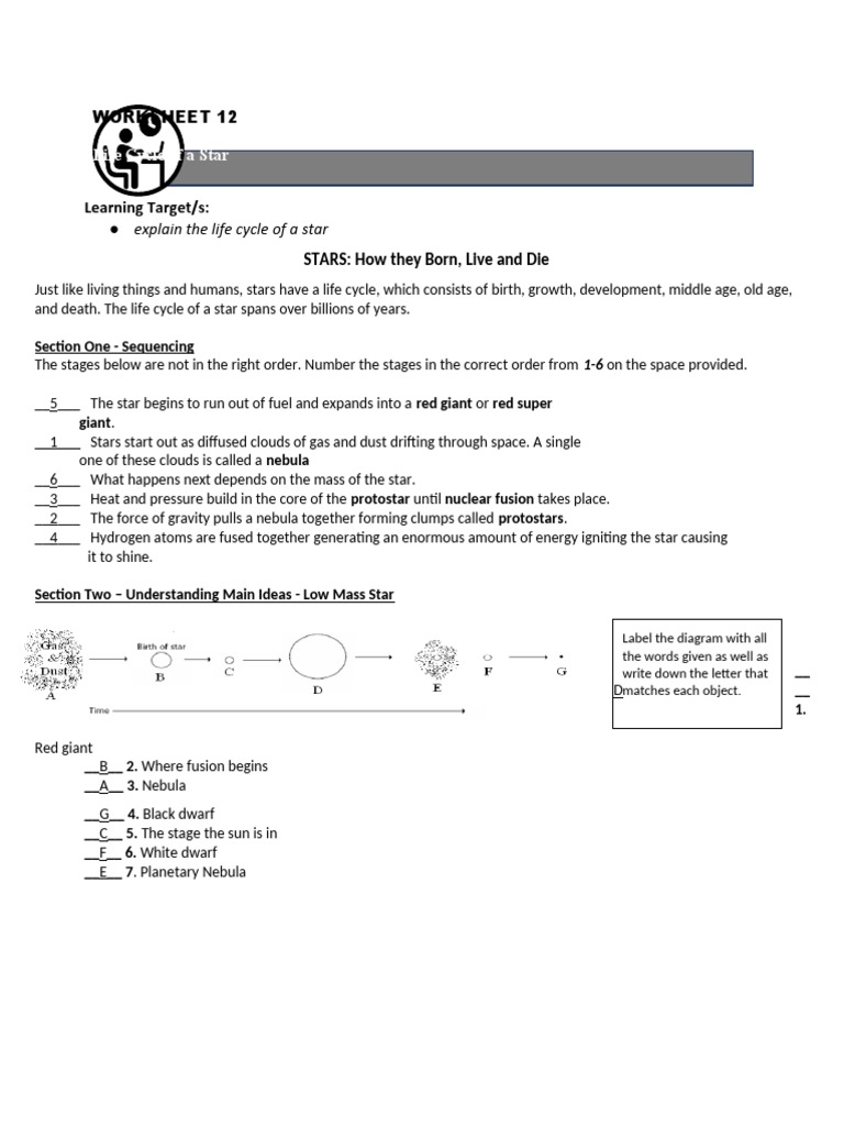 Worksheet 12 Life Cycle Of A Star PDF Stellar Astronomy Stars 