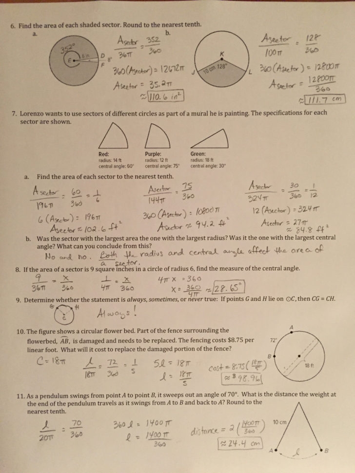arc length sector area worksheet