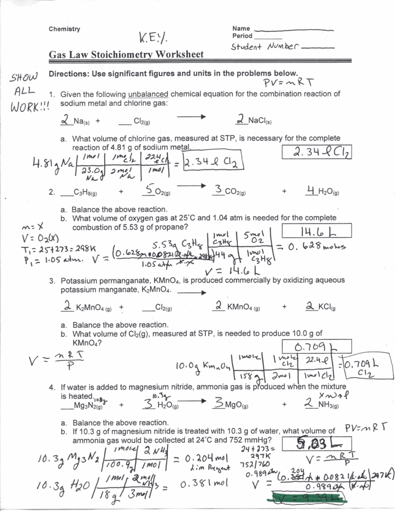 Worksheet Gas Law Stoichiometry Answer Key Exercises Chemistry