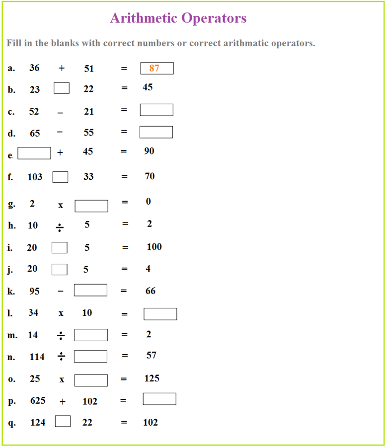Worksheet On Arithmetic Operators