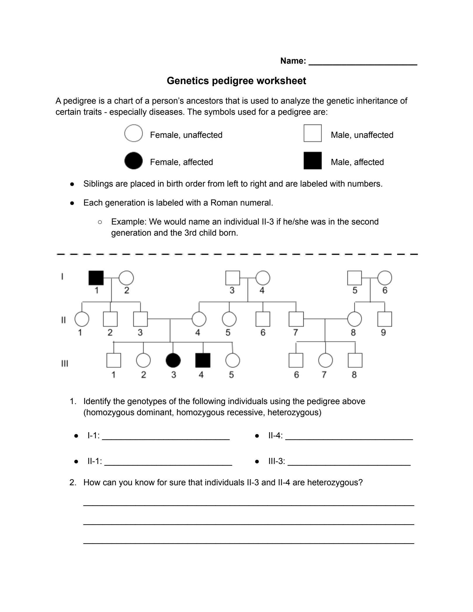 pedigree worksheet with answer key
