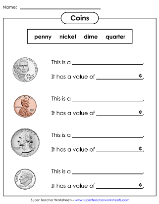 Worksheets Identifying Coins USA 