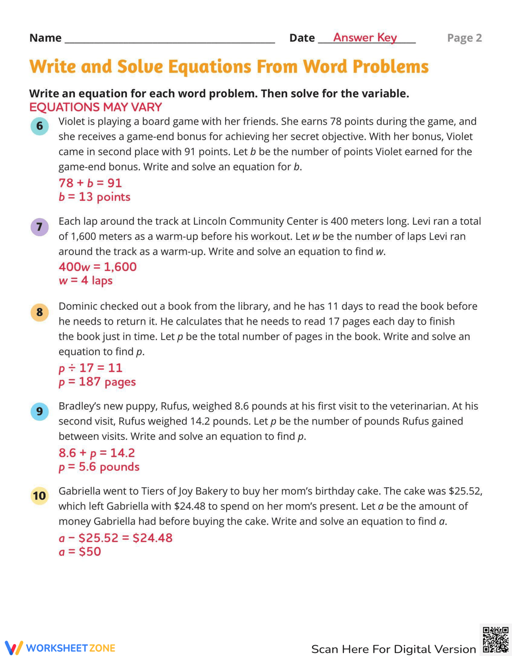 Write And Solve Equations From Word Problems Worksheet Worksheets Library