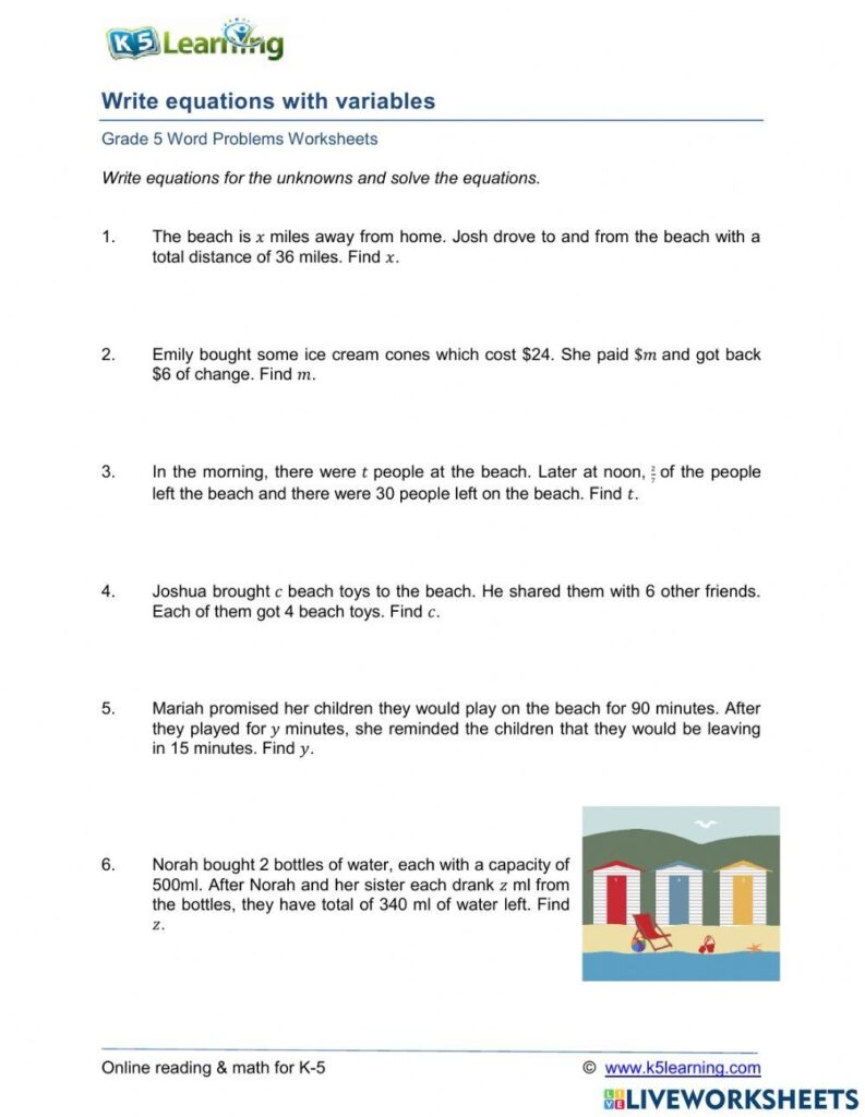 Writing Algebraic Expressions From Word Problems Worksheet With