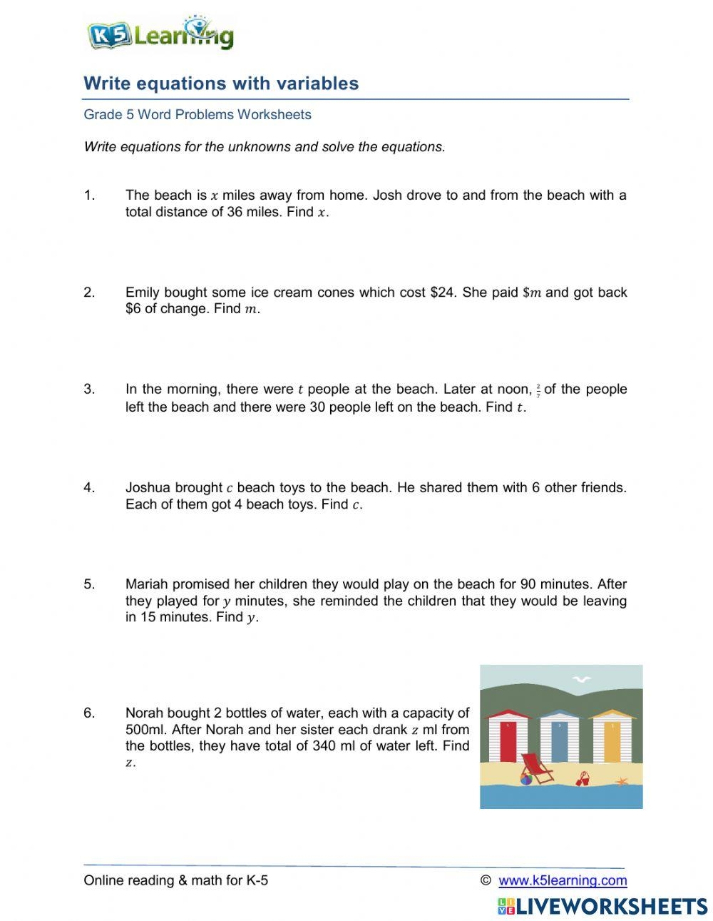Writing Algebraic Expressions From Word Problems Worksheet With 