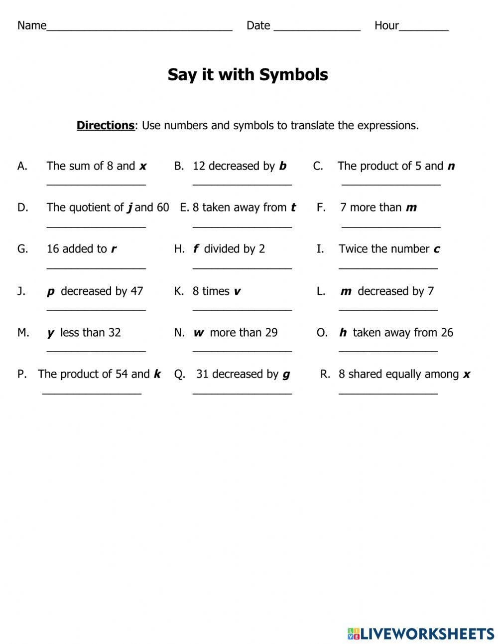 Writing Algebraic Expressions Worksheet Beyond Maths Worksheets Library