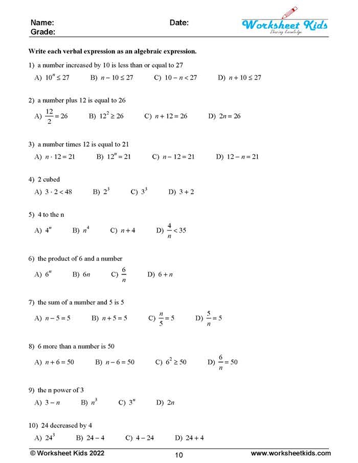 Writing Algebraic Expressions Worksheets Math Monks Worksheets Library