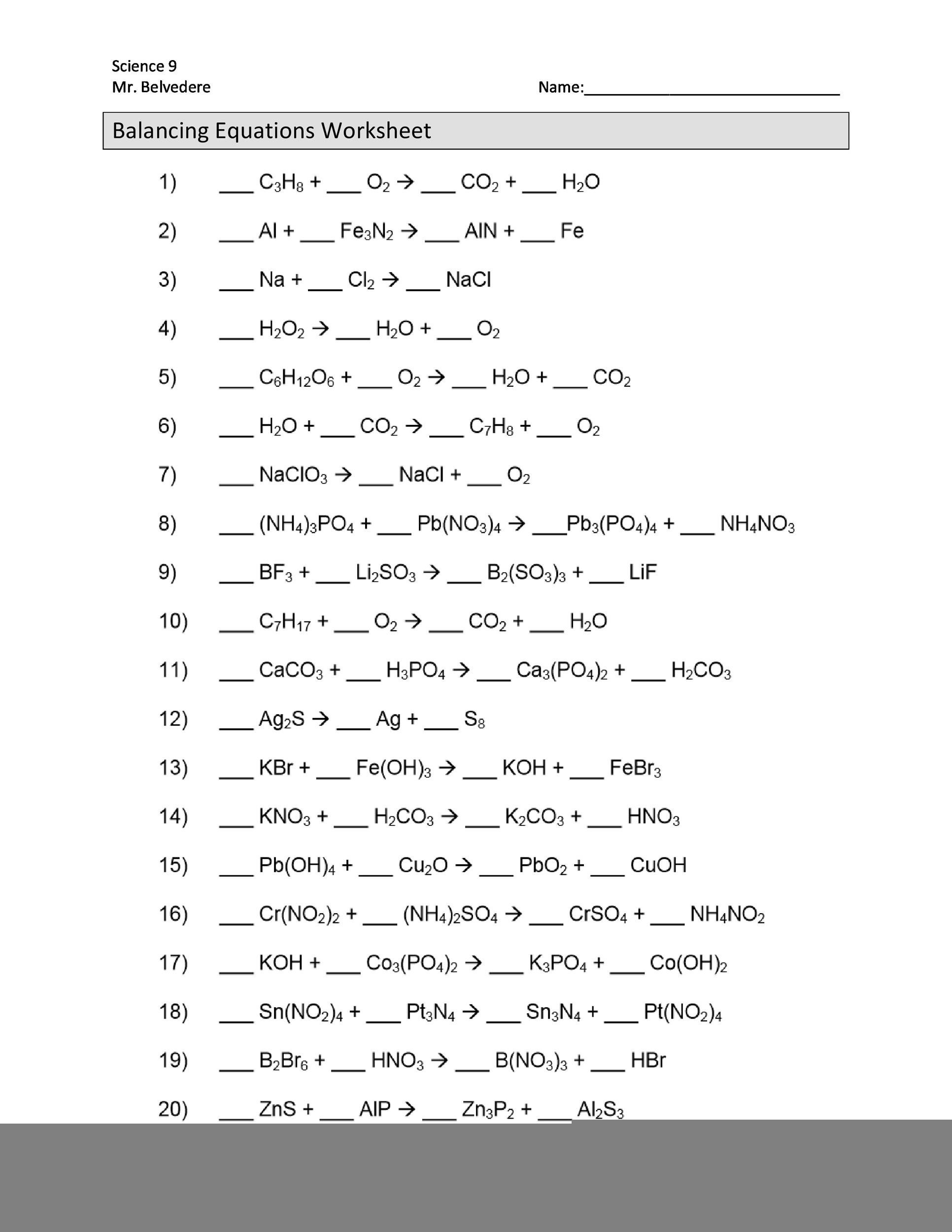 8th grade chemical equations worksheet