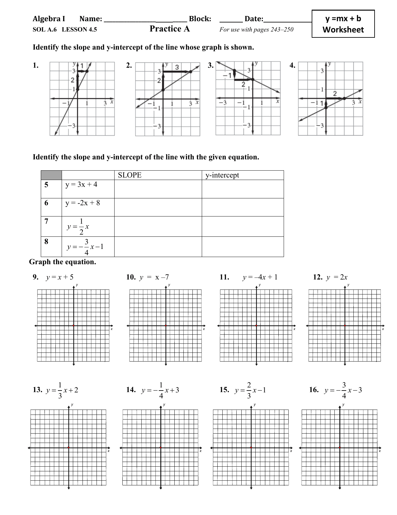 y mx b worksheets