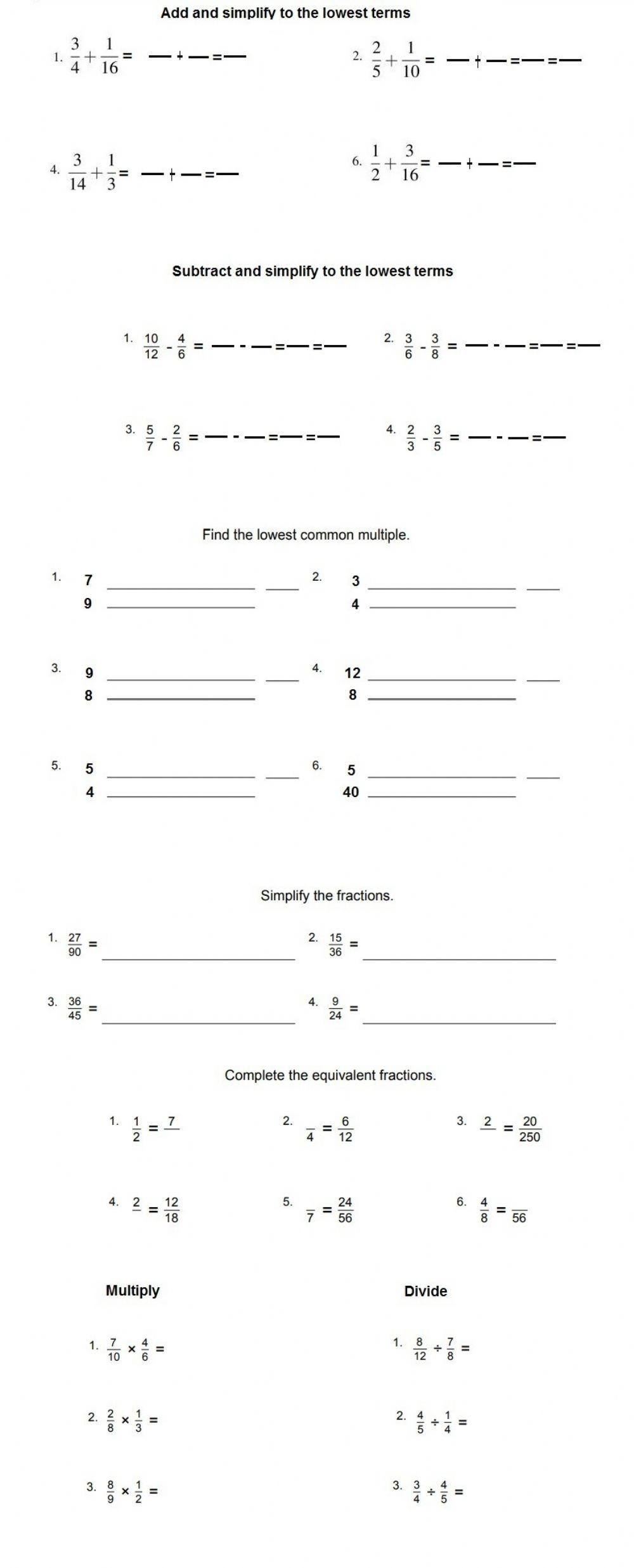 Year 7 ADD SUBTRACT MULTIPLY And DIVIDE FRACTIONS WORKSHEETS 