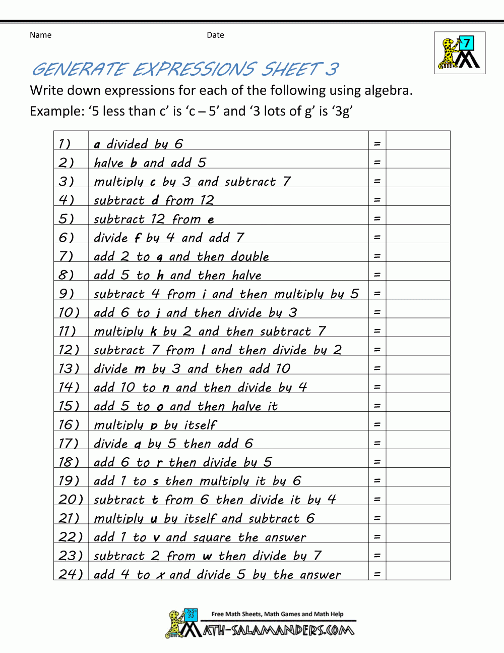 worksheets on algebra