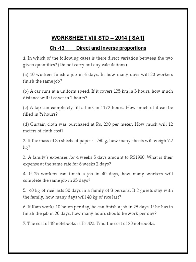 CBSE Class 8 Mathematics Worksheet Direct And Inverse Variations 